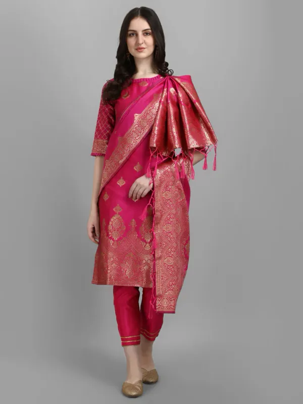 Pink_Cotton_Silk_Kurta_Pant_Set_With_Banarasi_Silk_Dupatta_For_Women