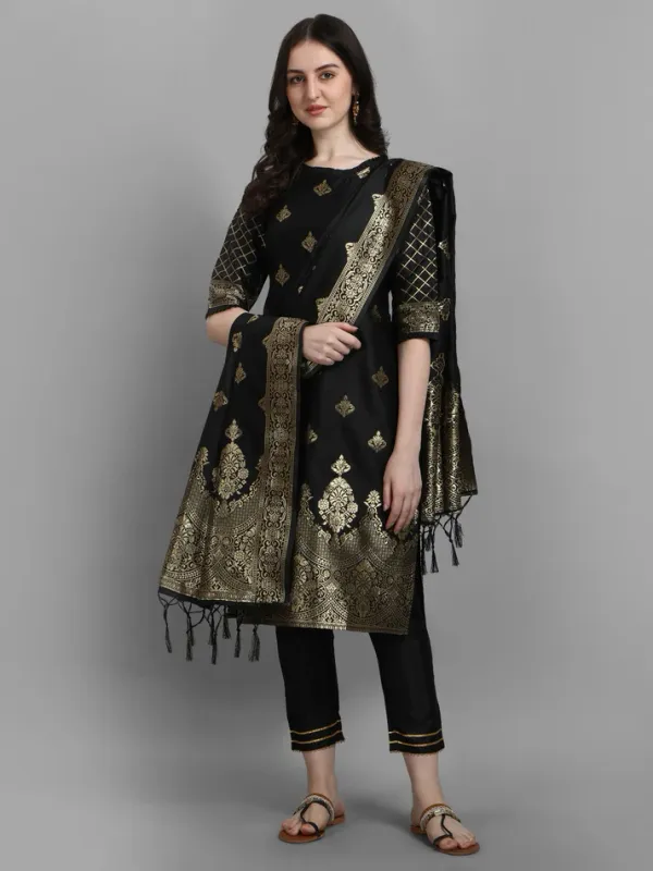 Black_Cotton_Silk_Kurta_Pant_Set_With_Banarasi_Silk_Dupatta_For_Women
