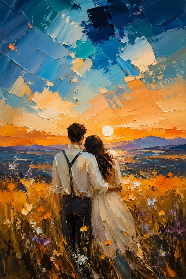 Multicolour_Textured_Sunset_Couple_Landscape_Wall_Painting