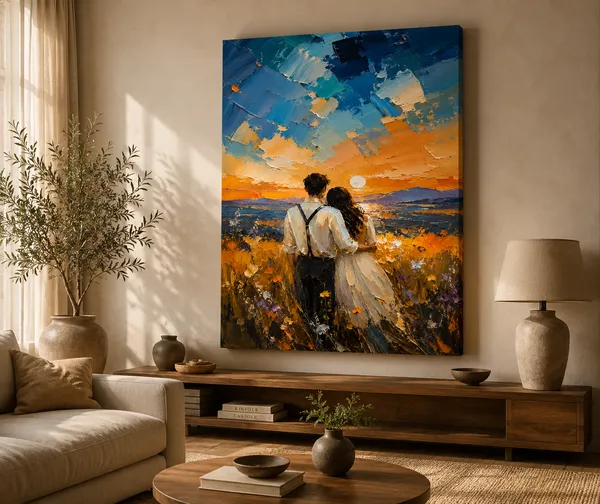 Multicolour_Textured_Sunset_Couple_Landscape_Wall_Painting