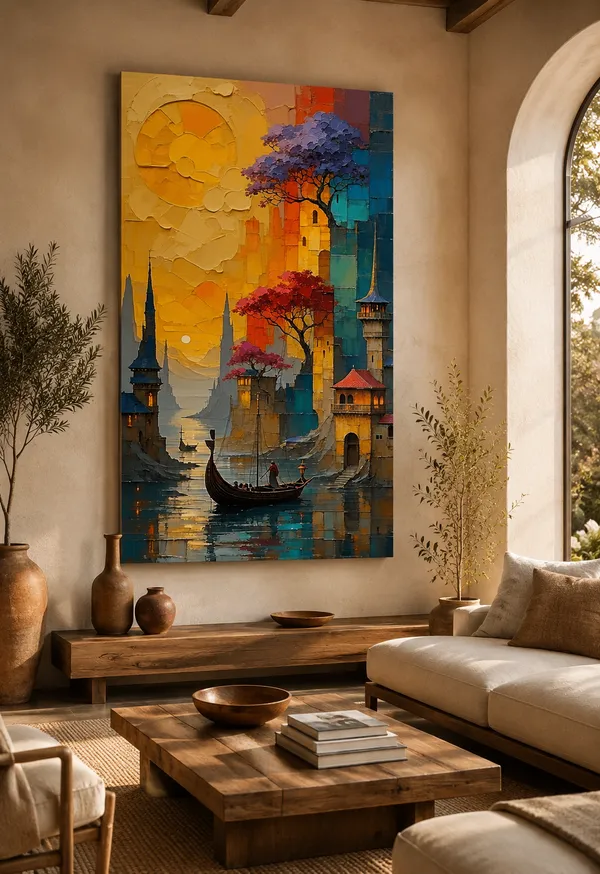 Abstract_Multicolour_Cityscape_Boat_Wall_Art