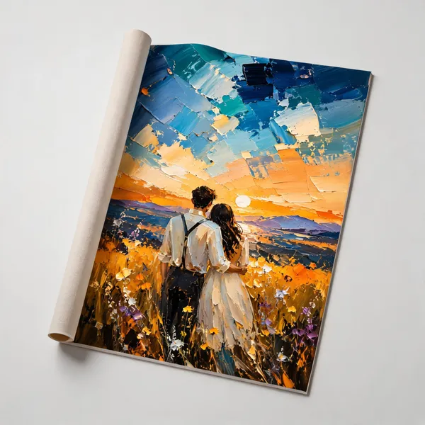 Multicolour_Textured_Sunset_Couple_Landscape_Wall_Painting