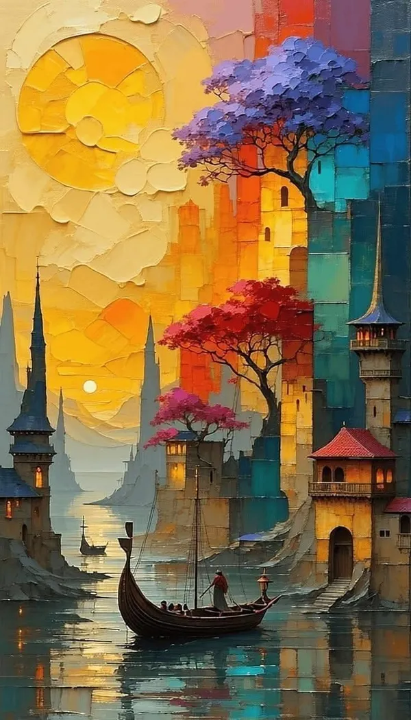 Abstract_Multicolour_Cityscape_Boat_Wall_Art