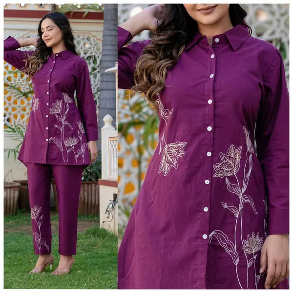 Purple_Floral_Embroidered_Cotton_Shirt_And_Pant_Set_For_Women