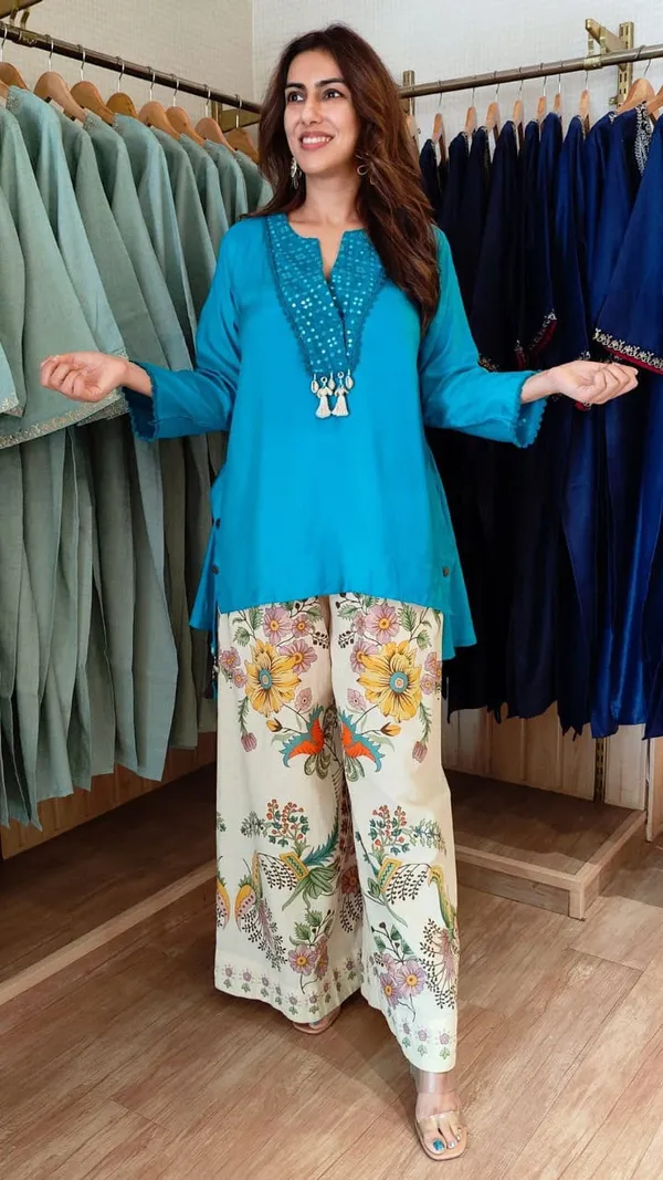 Turquoise_Blue_Embroidered_Co-ord_Set_With_Floral_Print__Set