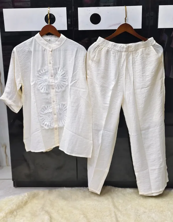 White_Imported_Shirt_And_Pant_Set_With_Flower_Patch_For_Women