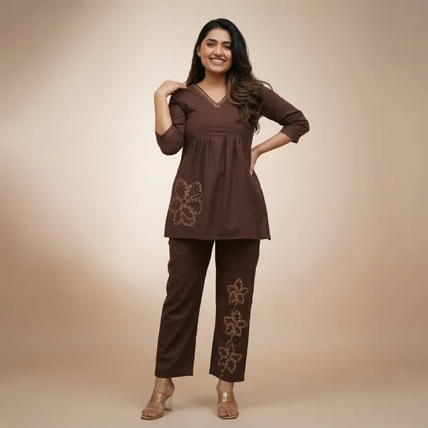 Brown_Embroidered_Cotton_Co-ord_Set_For_Women