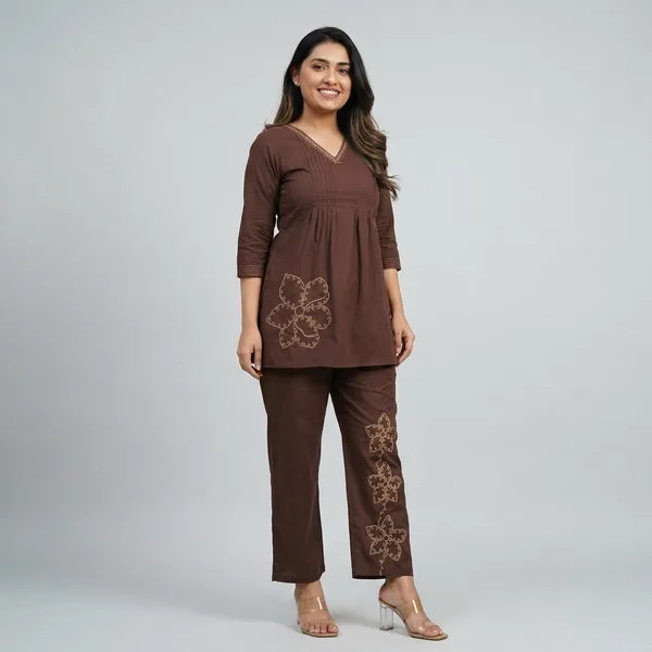 Brown_Embroidered_Cotton_Co-ord_Set_For_Women