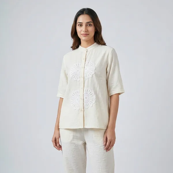 White_Imported_Shirt_And_Pant_Set_With_Flower_Patch_For_Women