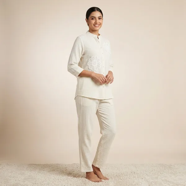 White_Imported_Shirt_And_Pant_Set_With_Flower_Patch_For_Women