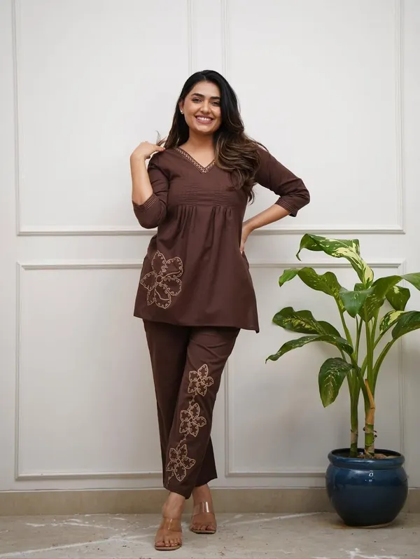Brown_Embroidered_Cotton_Co-ord_Set_For_Women