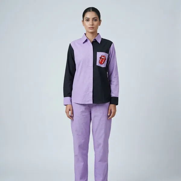 Lavender_Black_Coloblock_Cotton_Collared_Shirt_And_Pant_Coord_Set_For_Women