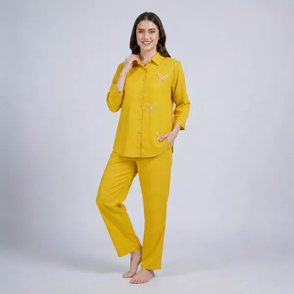 Yellow_Korean_Pearl_Butterfly_Shirt_And_Pant_Lounge_Set_For_Women