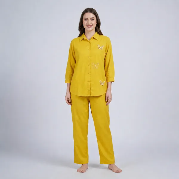 Yellow_Korean_Pearl_Butterfly_Shirt_And_Pant_Lounge_Set_For_Women