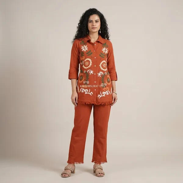 Rust_Embroidered_Floral_Shirt_And_Pant_Coord_Set_For_Women