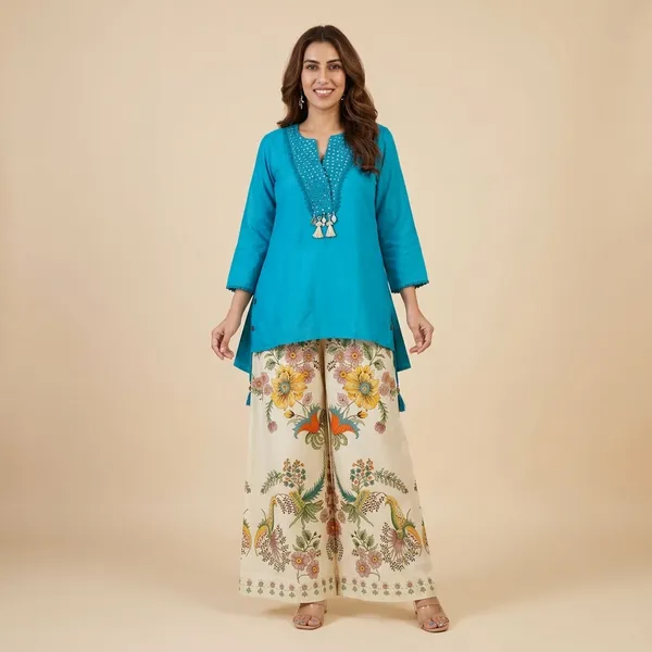 Turquoise_Blue_Embroidered_Co-ord_Set_With_Floral_Print__Set