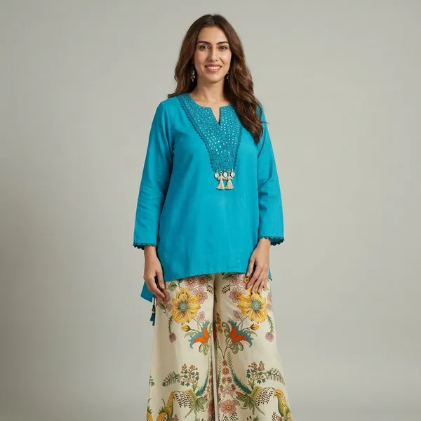 Turquoise_Blue_Embroidered_Co-ord_Set_With_Floral_Print__Set