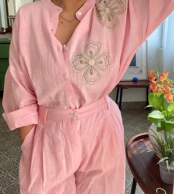 Light_Pink_Embroidered_Linen_Oversize_Fit_Co-Ord_Set_For_Women