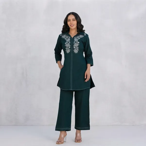 Teal_Green_Embroidered_Tunic__Set_For_Women