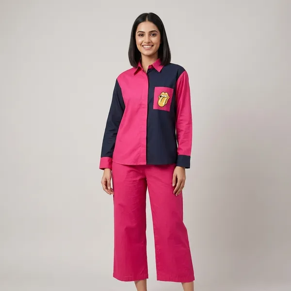 Pink_And_Black_Colorblock_Collared_Shirt_And_Pant_Coord_Set_For_Women