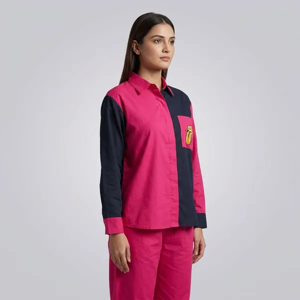 Pink_And_Black_Colorblock_Collared_Shirt_And_Pant_Coord_Set_For_Women