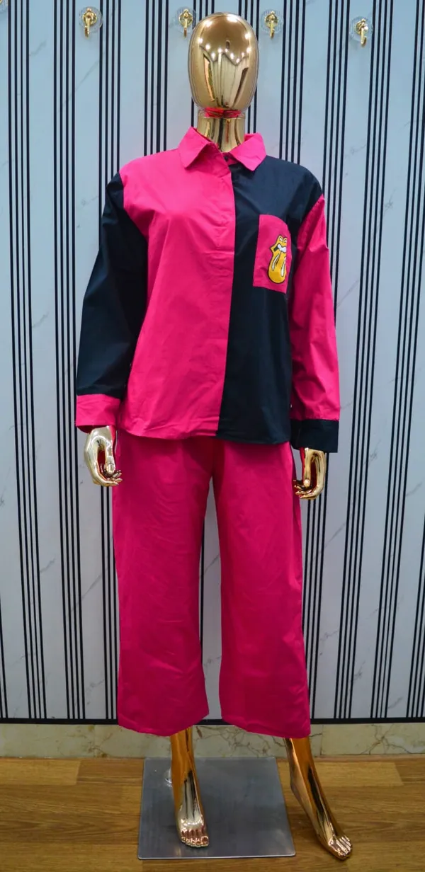 Pink_And_Black_Colorblock_Collared_Shirt_And_Pant_Coord_Set_For_Women