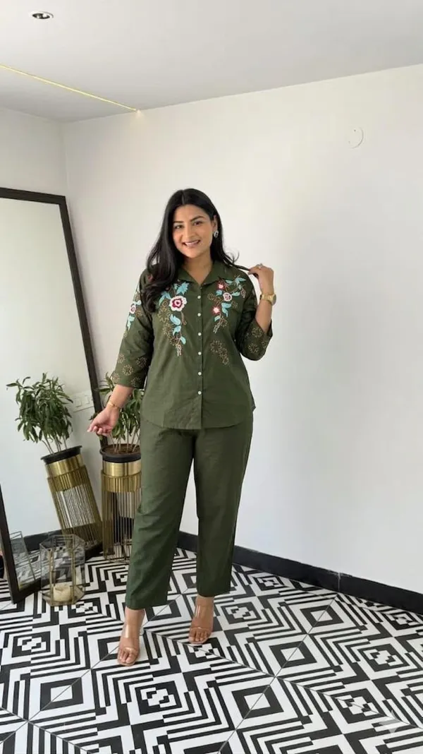 Olive_Green_Embroidered_Floral_Shirt_And_Trouser_Set_For_Women