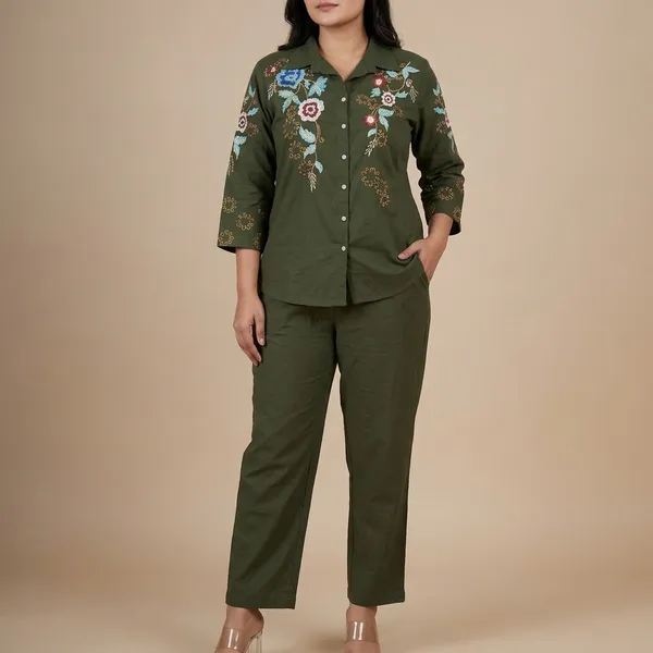 Olive_Green_Embroidered_Floral_Shirt_And_Trouser_Set_For_Women