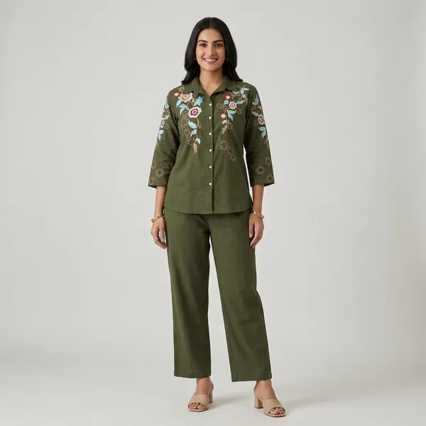 Olive_Green_Embroidered_Floral_Shirt_And_Trouser_Set_For_Women