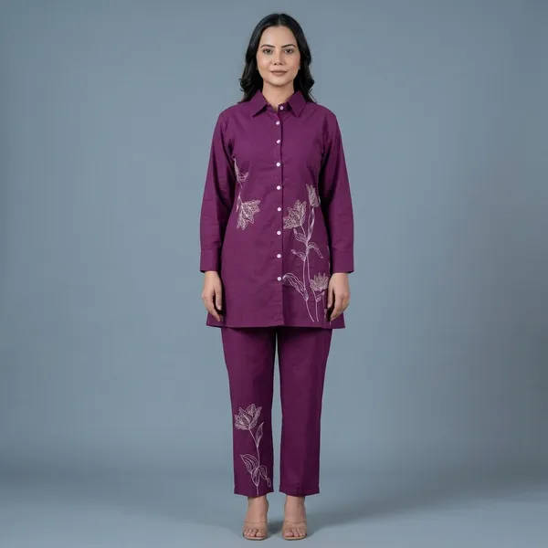 Purple_Floral_Embroidered_Cotton_Shirt_And_Pant_Set_For_Women