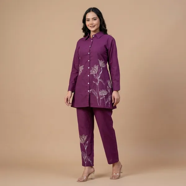 Purple_Floral_Embroidered_Cotton_Shirt_And_Pant_Set_For_Women