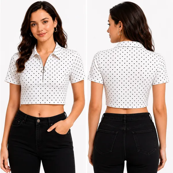 Black_&_White_Rayon_Half-Zip_Collared_T-Shirt_For_Women