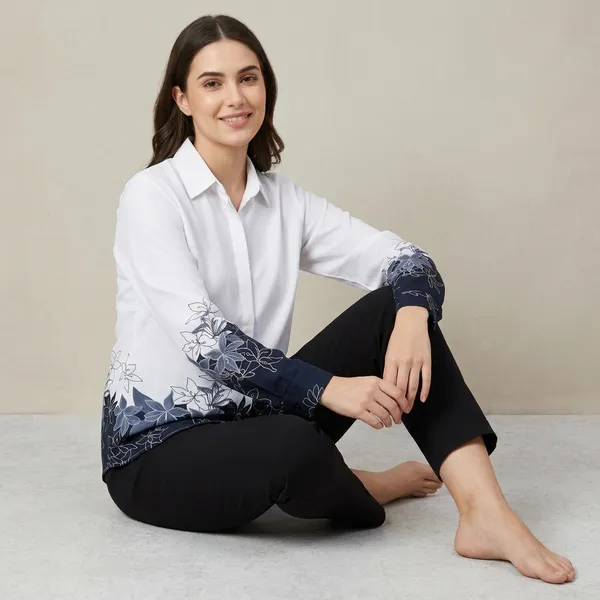 White_&_Navy_Blue_Crepe_Printed_Casual_Shirt_For_Women