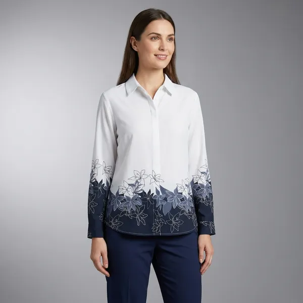White_&_Navy_Blue_Crepe_Printed_Casual_Shirt_For_Women