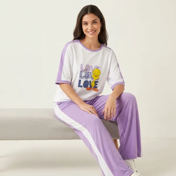 White_&_Lavender_Cotton_Night_Suit_Set_For_Women