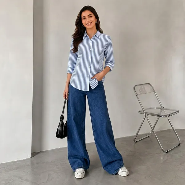 Sky_Blue_&_White_Cotton_Casual_Shirt_For_Women