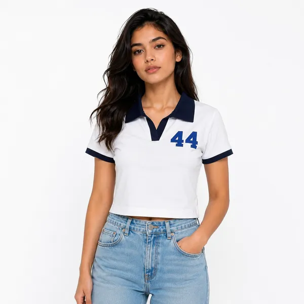 White_&_Navy_Blue_Cotton_Polo_T-Shirt_For_Women
