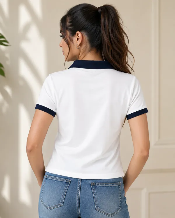 White_&_Navy_Blue_Cotton_Polo_T-Shirt_For_Women