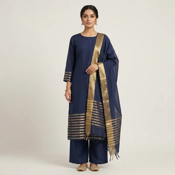 Navy_Blue_Cotton_Chanderi_Unstitched_Kurta_Set_For_Women