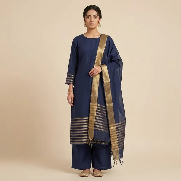 Navy_Blue_Cotton_Chanderi_Unstitched_Kurta_Set_For_Women