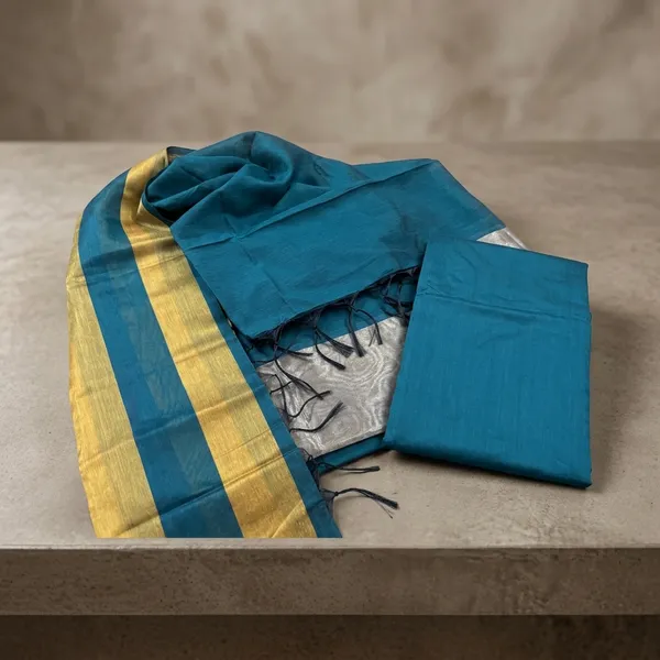Teal_Blue_Cotton_Chanderi_Unstitched_Kurta_Set_For_Women
