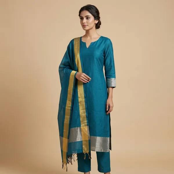 Teal_Blue_Cotton_Chanderi_Unstitched_Kurta_Set_For_Women