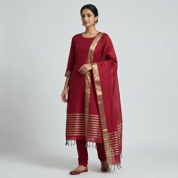Cherry_Red_Cotton_Chanderi_Unstitched_Kurta_Set_For_Women