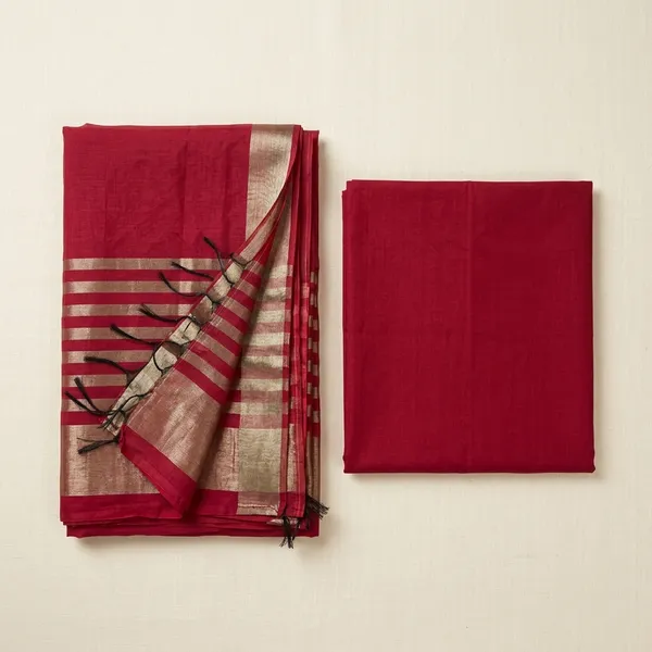 Cherry_Red_Cotton_Chanderi_Unstitched_Kurta_Set_For_Women