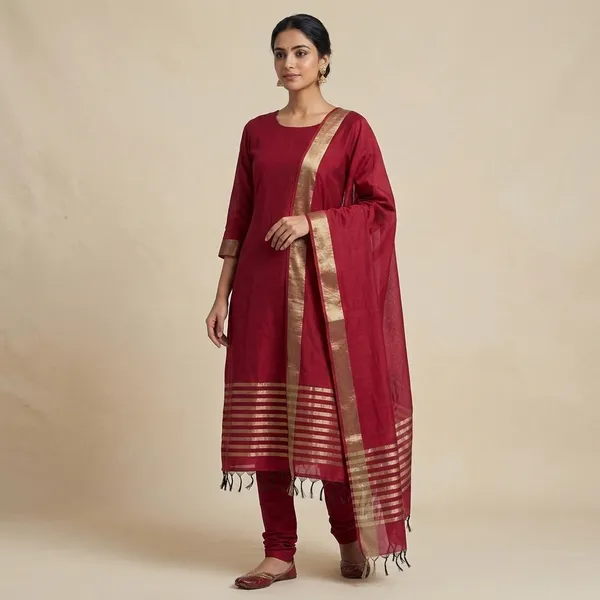 Cherry_Red_Cotton_Chanderi_Unstitched_Kurta_Set_For_Women
