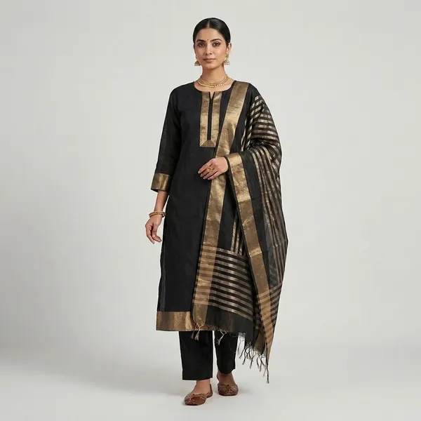 Black_Cotton_Chanderi_Unstitched_Kurta_Set_For_Women
