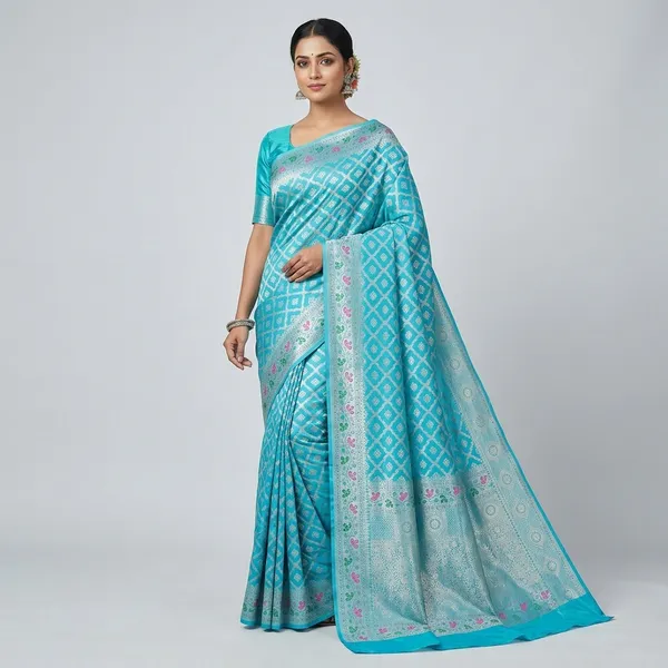 Ocean_Blue_Banarasi_Semi_Silk_Zig_Zag_Woven_Saree_For_Women