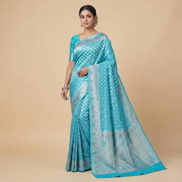 Ocean_Blue_Banarasi_Semi_Silk_Zig_Zag_Woven_Saree_For_Women