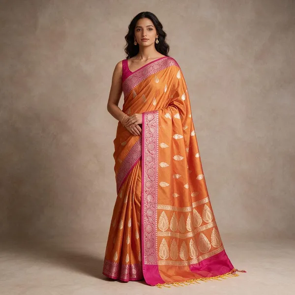 Burnt_Orange_Banarasi_Kataan_Semi_Silk_Saree_Weaved_with_traditional_Butti_motifs_all_over_saree