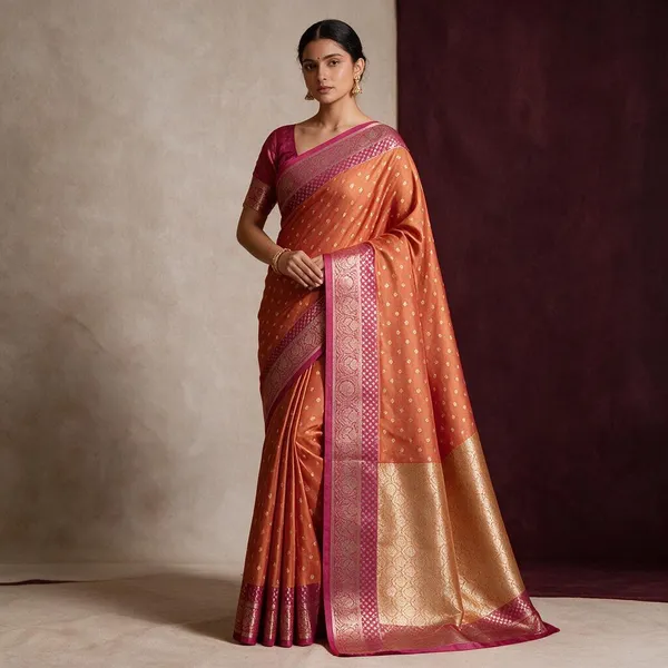 Peachish-Orange_Banarasi_Kataan_Semi_Silk_Saree_Weaved_with_traditional_Butti_motifs_all_over_saree